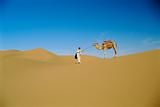 Man in desert with stubborn camel
