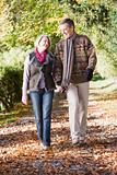 Senior couple walking along autumn path