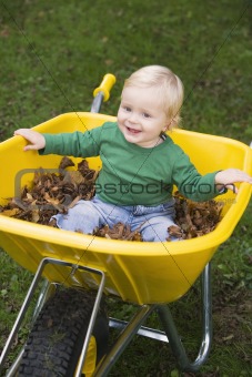 Young boy sitting in wheelbarrow