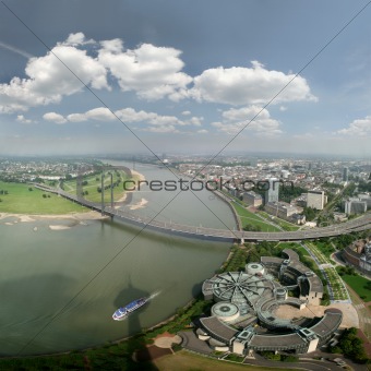 Wide angle picture of river Rhine und Düsseldorf, Germany