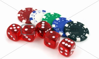 Poker chips and 5 dice