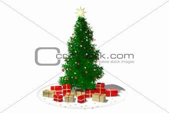 christmas tree and gifts against white background