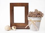 Decorative wooden frame, flowerpot and shells