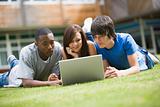 College students using laptop on campus lawn, 