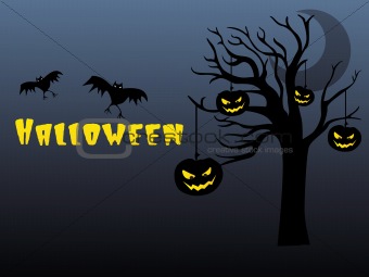 halloween background with pumpkin hanging on the tree