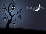 halloween blue background with hanging skull on the tree