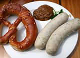 Bavarian veal sausage, Prezel, mustard / Weisswurst, Brezel & süßer Senf