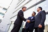 Group of businessmen shaking hands outside office