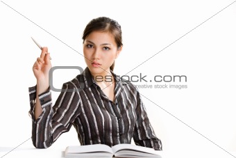 asian young business woman pointing on something