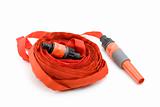 coiled red garden hose with nozzle