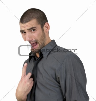 person pointing towards tissue paper in his nose