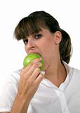 close up of woman eating apple