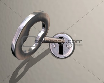 Illustration of shiny silver key being turned in lock