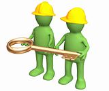 Two builders, holding in hands a gold key