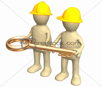 Two builders, holding in hands a gold key