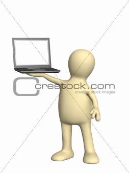 3d puppet with laptop in hand