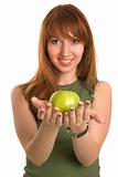Young Fitness girl with green apple, focus on face