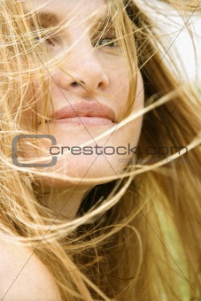 Woman's face in wind.