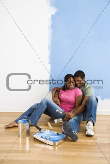 Couple relaxing on floor.