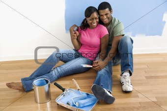 Couple relaxing on floor.