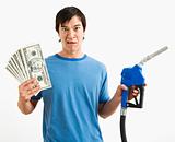 Man with money and gas nozzle.