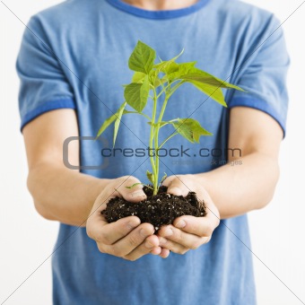 Man holding plant.
