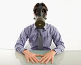 Man wearing gas mask.