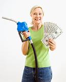 Happy woman with gas pump and money.
