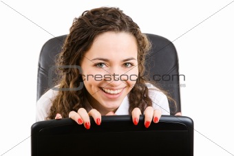 happy businesswoman in armchair