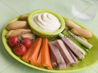 Ham Vegetable and Bread Sticks with Cheese Spread