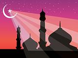 silhouette of mosques in over bright night sky, illustration