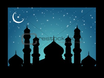 vector frame with silhouette of mosques on moon night background, illustration