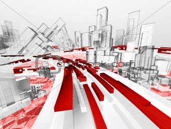 Abstract cityscape and highway with wireframe