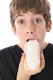 kid eating a donut isolated on white