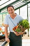Man in greenhouse holding basket of vegetables smiling