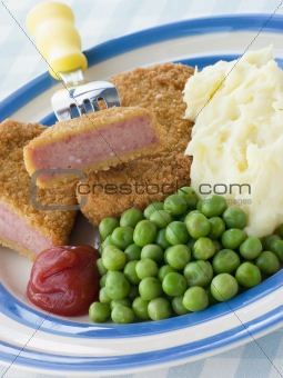 Breadcrumbed Luncheon Meat with Mashed Potato Peas and Tomato Ke