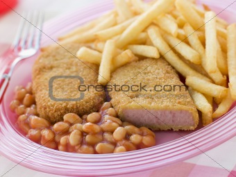 Breadcrumbed Luncheon Meat with Baked Beans and Chips