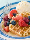 Sweet Waffles with Berries Ice Cream and Syrup