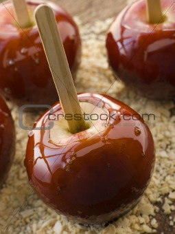 Toffee Apples on Crushed Toasted Almonds