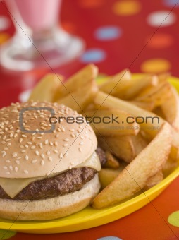 Cheeseburger in a Sesame Seed Bun with Chunky Chips