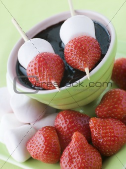 Strawberry and Marshmallow Sticks with Chocolate Sauce