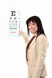 Female optometrist pointing eye chart