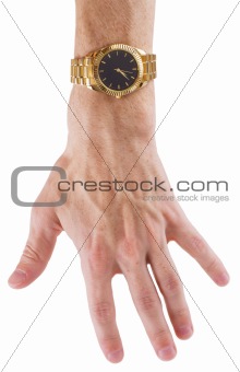 Hand with watch on white