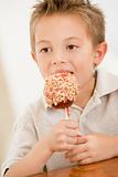 Young boy indoors eating candy apple