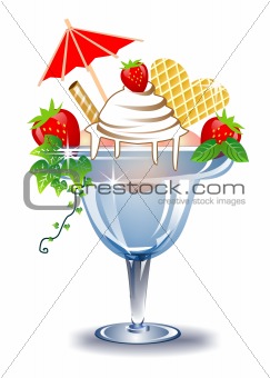 Ice cream in a glass with strawberries