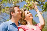Couple standing outdoors holding blossom smiling