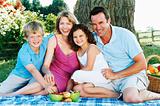 Family sitting outdoors with picnic smiling
