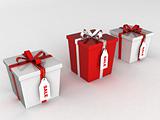 three dimensional wrapped gift boxes with sale tages