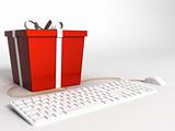  three dimensional  keyboard ,mouse and wrapped red gift