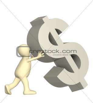 3d puppet, supporting falling symbol of dollar